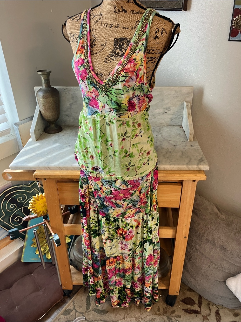 Alberto Makali Green Multi-Color Floral V-Neck Maxi Dress M NWTS😍